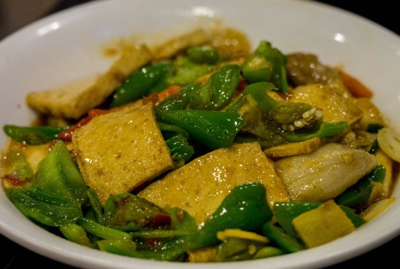 Eggplant with green chilis